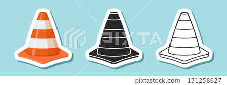 Traffic cone sticker icon set collection in flat style. Safety obstacle vector illustration on isolated background. Construction barrier sign business concept. 131258627