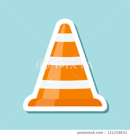 Traffic cone sticker icon in flat style. Safety obstacle vector illustration on isolated background. Construction barrier sign business concept. 131258633