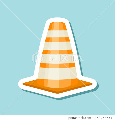 Traffic cone sticker icon in flat style. Safety obstacle vector illustration on isolated background. Construction barrier sign business concept. Traffic cone sticker icon in flat style. Safety obstacle vector illustration on isolated background. Construction barrier sign business concept. 131258635