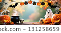 A frame consisting of a garland of Halloween elements: pumpkins, a black cauldron, skulls, cobwebs and spiders, bats, and cheerful ghosts 131258659