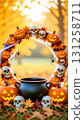 A frame consisting of a garland of Halloween elements: pumpkins, a black cauldron, skulls, cobwebs and spiders, bats, and cheerful ghosts 131258711