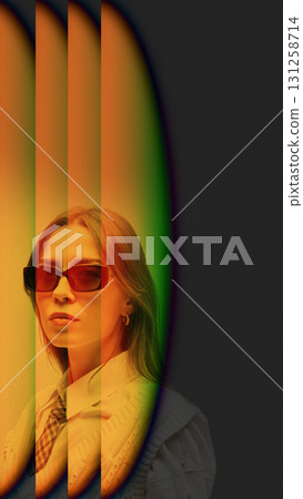 Trendy collage. Confident woman in sunglasses behind vertical neon orange green stripes on dark background 131258714
