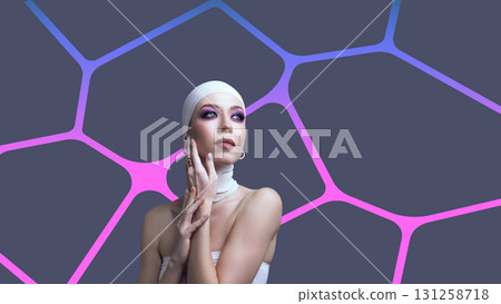 Graphic composition. Elegant woman with futuristic makeup and headwrap on violet neural grid background Graphic composition. Elegant woman with futuristic makeup and headwrap on violet neural grid background 131258718