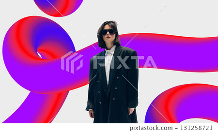 Surreal collage. Woman in oversized black coat and sunglasses with neon red purple abstract background 131258721