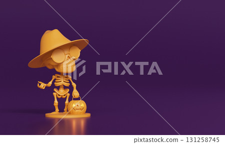 Halloween Skeleton with Witch Hat, Glasses and Pumpkin Bucket. 3D Rendering. Halloween Skeleton with Witch Hat, Glasses and Pumpkin Bucket. 3D Rendering. 131258745