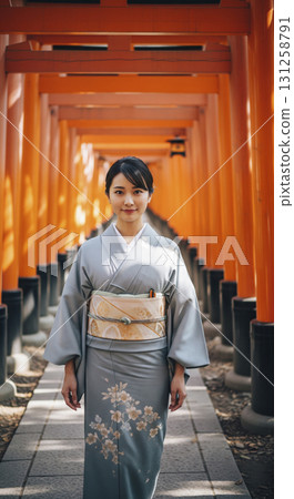 Japanese woman in kimono walking through Senbon Torii 131258791