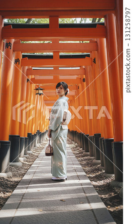 Japanese woman in kimono walking through Senbon Torii Japanese woman in kimono walking through Senbon Torii 131258797