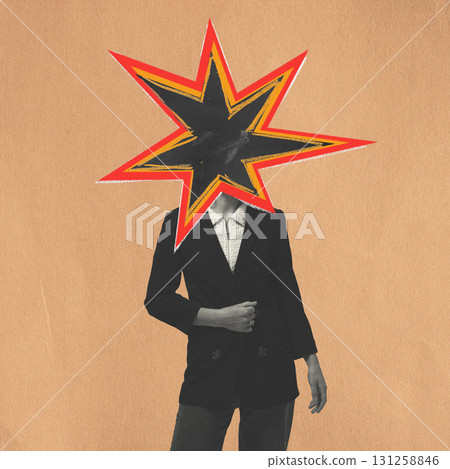 Woman body silhouette covered her face with explosion comic blank area 131258846