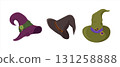 Witch hats cartoon set. Magical decorated hats in different shapes and colors with bat, clover, spiderweb . Vector illustration for Halloween holiday 131258888