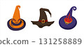 Halloween Witch hats cartoon set. Magical decorated hats in different shapes and colors. Vector illustration for holiday 131258889