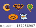 Cute Halloween set cat, bat, ghost, pumpkin, lucky clover. Holiday stickers flat vector illustration. 131258907