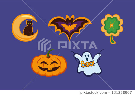 Cute Halloween set cat, bat, ghost, pumpkin, lucky clover. Holiday stickers flat vector illustration. 131258907