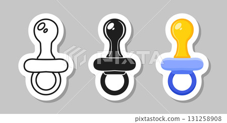Baby pacifier sticker icon set collection in flat style. Nipple for newborn child vector illustration on isolated background. Soother sign business concept. Baby pacifier sticker icon set collection in flat style. Nipple for newborn child vector illustration on isolated background. Soother sign business concept. 131258908