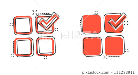 Checklist document icon in comic style. Survey cartoon vector illustration on white isolated background. Check mark choice splash effect business concept. 131258911