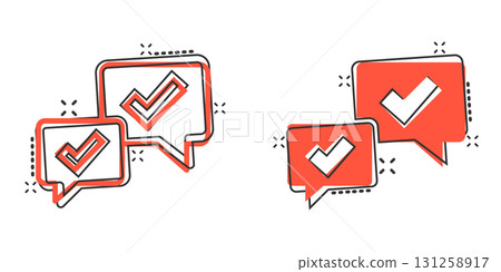 Speak chat sign icon in comic style. Speech bubble with check mark cartoon vector illustration on white isolated background. Team discussion button splash effect business concept. 131258917
