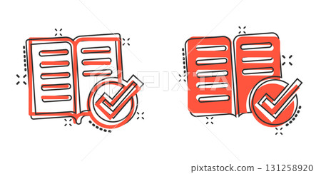 Book check mark icon in comic style. Bookmark approval cartoon vector illustration on white isolated background. Confirm splash effect business concept. 131258920