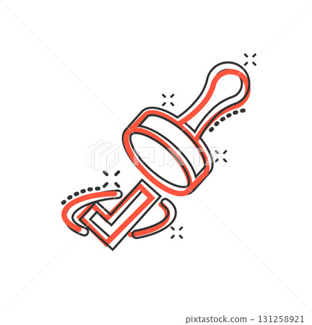 Approve stamp icon in comic style. Accept check mark cartoon vector illustration on white isolated background. Approval choice splash effect business concept. 131258921