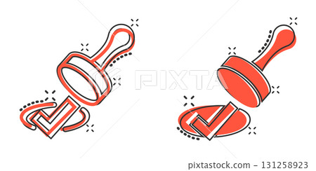 Approve stamp icon in comic style. Accept check mark cartoon vector illustration on white isolated background. Approval choice splash effect business concept. 131258923