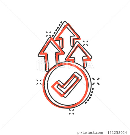 Growth arrow check icon in comic style. Revenue approval cartoon vector illustration on white isolated background. Increase ok splash effect business concept. 131258924