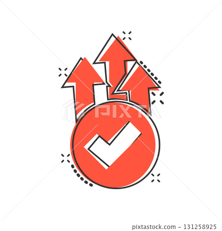 Growth arrow check icon in comic style. Revenue approval cartoon vector illustration on white isolated background. Increase ok splash effect business concept. 131258925