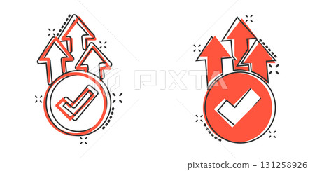 Growth arrow check icon in comic style. Revenue approval cartoon vector illustration on white isolated background. Increase ok splash effect business concept. Growth arrow check icon in comic style. Revenue approval cartoon vector illustration on white isolated background. Increase ok splash effect business concept. 131258926