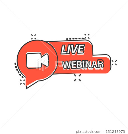 Live webinar icon in comic style. Online training cartoon vector illustration on isolated background. Conference stream splash effect sign business concept. 131258973