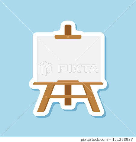 Painting easel sticker icon in flat style. Canvas vector illustration on isolated background. Artistic paper sign business concept. 131258987