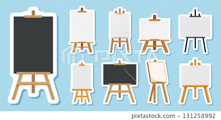 Painting easel sticker icon set collection in flat style. Canvas vector illustration on isolated background. Artistic paper sign business concept. 131258992
