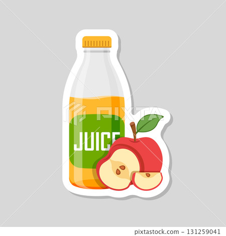 Apple juice sticker in bottle icon in flat style. Fresh fruit drink vector illustration on isolated background. Healthy food sign business concept. 131259041