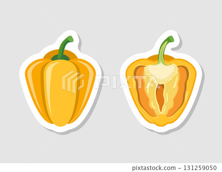 Yellow pepper bell sticker icon in flat style. Fresh paprika vector illustration on isolated background. Healthy food sign business concept. Yellow pepper bell sticker icon in flat style. Fresh paprika vector illustration on isolated background. Healthy food sign business concept. 131259050
