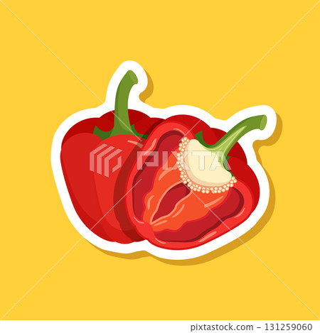 Red pepper bell icon sticker in flat style. Fresh paprika vector illustration on isolated background. Healthy food sign business concept. Red pepper bell icon sticker in flat style. Fresh paprika vector illustration on isolated background. Healthy food sign business concept. 131259060