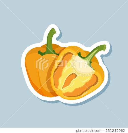 Yellow pepper bell sticker icon in flat style. Fresh paprika vector illustration on isolated background. Healthy food sign business concept. 131259062