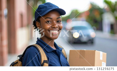 Delivery courier smiling while holding a package on a sunny street in the afternoon 131259275
