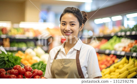 Smiling grocery store salesperson assisting customers with fresh produce at a busy market 131259276