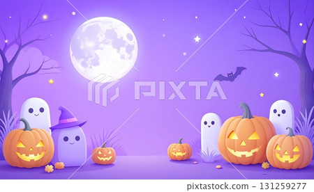 Halloween night with glowing pumpkins and friendly ghosts under a full moon 131259277