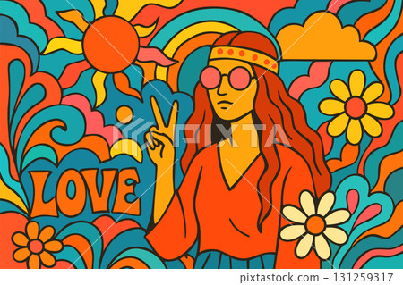 Love. Vibrant hippie trippy scene. Bright vintage vector poster with dreamy psychedelic atmosphere 131259317