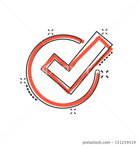 Check mark sign icon in comic style. Confirm button cartoon vector illustration on white isolated background. Accepted splash effect business concept. 131259319