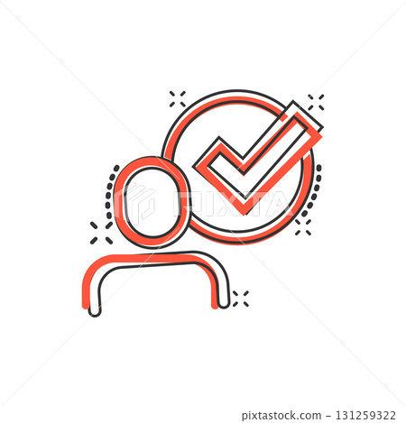 Organization management icon in comic style. People with check mark cartoon vector illustration on white isolated background. Businessman splash effect business concept. 131259322