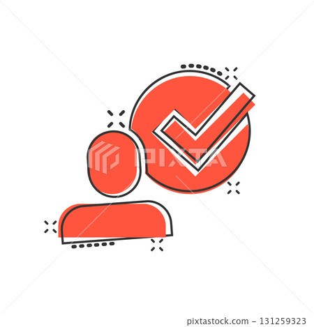 Organization management icon in comic style. People with check mark cartoon vector illustration on white isolated background. Businessman splash effect business concept. 131259323