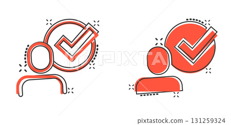 Organization management icon in comic style. People with check mark cartoon vector illustration on white isolated background. Businessman splash effect business concept. 131259324