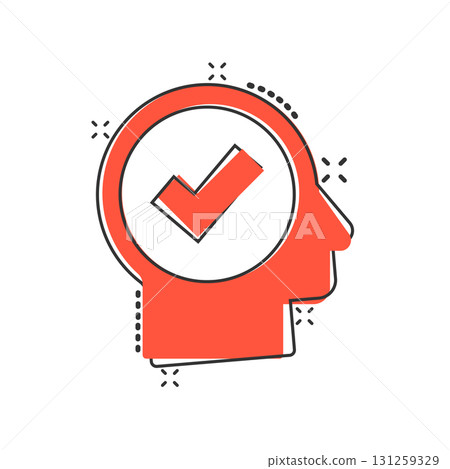 Organization management icon in comic style. People with check mark cartoon vector illustration on white isolated background. Businessman splash effect business concept. 131259329