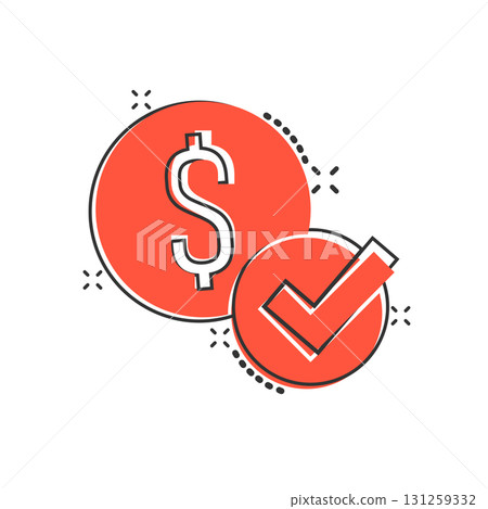 Coin check mark icon in comic style. Money approval cartoon vector illustration on white isolated background. Confirm splash effect business concept. Coin check mark icon in comic style. Money approval cartoon vector illustration on white isolated background. Confirm splash effect business concept. 131259332