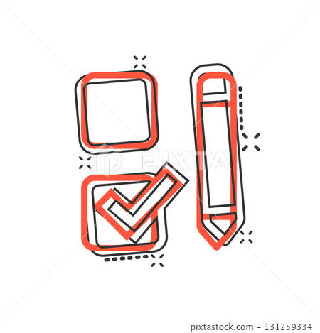 Checklist document icon in comic style. Survey cartoon vector illustration on white isolated background. Check mark choice splash effect business concept. 131259334