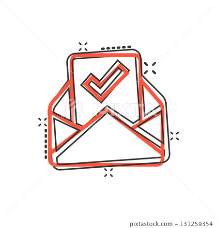 Envelope with confirmed document icon in comic style. Verify cartoon vector illustration on white isolated background. Receive splash effect business concept. 131259354