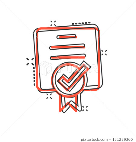 Approve certificate icon in comic style. Document check mark cartoon vector illustration on white isolated background. Approval choice splash effect business concept. Approve certificate icon in comic style. Document check mark cartoon vector illustration on white isolated background. Approval choice splash effect business concept. 131259360