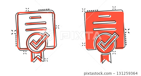 Approve certificate icon in comic style. Document check mark cartoon vector illustration on white isolated background. Approval choice splash effect business concept. 131259364