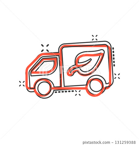 Eco truck icon in comic style. Ecology shipping cartoon vector illustration on white isolated background. Van and leaf splash effect sign business concept. Eco truck icon in comic style. Ecology shipping cartoon vector illustration on white isolated background. Van and leaf splash effect sign business concept. 131259388