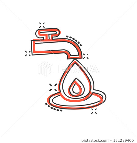 Water tap icon in comic style. Droplet cartoon vector illustration on white isolated background. Faucet falling splash effect sign business concept. Water tap icon in comic style. Droplet cartoon vector illustration on white isolated background. Faucet falling splash effect sign business concept. 131259400