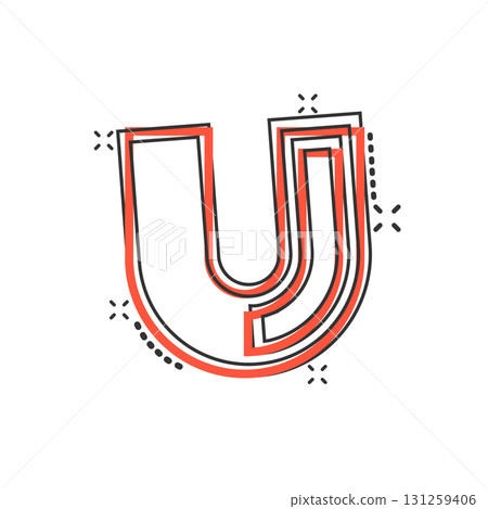 Magnet icon in comic style. Attract cartoon vector illustration on white isolated background. Electromagnetic splash effect  business concept. 131259406