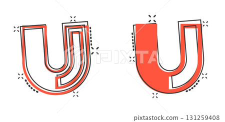 Magnet icon in comic style. Attract cartoon vector illustration on white isolated background. Electromagnetic splash effect  business concept. 131259408